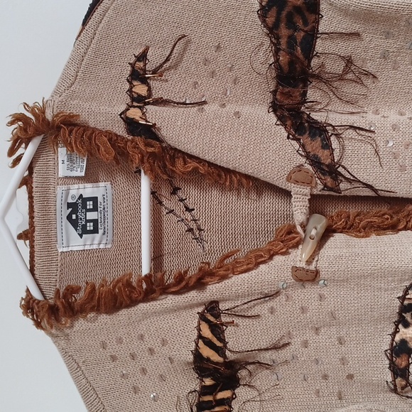 Safari Knit Faux Fur Animal Print Spots Stripes Sequins & Fringe Long Sweater - Picture 2 of 10